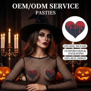 Custom Logo Black Glitter Heart Pasties Red Dripping Blood Private Label OEM ODM Manufacturer Breast Petals