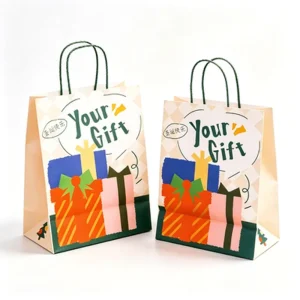Custom Logo Christmas Colorful Present Print Green Rope Handle Holiday Boutique Packaging Kraft Paper Gift Bag