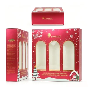 Custom Logo Christmas Gift Box OEM Red Trio Window Packaging Box with Santa Snowflake Design for Holiday Candle Skincare Set