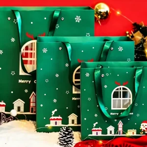 Custom Logo Christmas Paper Gift Bag Bulk Elk Antler House Snowflake Pattern Window Carry Bag Holiday Gift Packaging