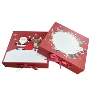 Custom Logo Printed Christmas Gift Box Red Ribbon Closure Rigid Paper Box for Holiday Presents Cookies Gift Packaging