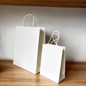 Custom Logo Printed White Kraft Paper Gift Bags with Handles for Party Favor and Holiday Gift Retail Packaging