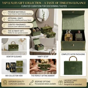 Custom Luxury Velvet Handbag Gift Box with Bamboo Handle and Embossed Design for Perfume and Beauty Set Packaging