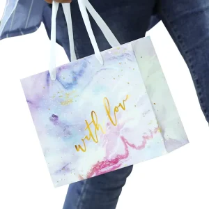 Custom Marble Luxury Paper Gift Bag Satin Ribbon Handle Gold Foil Dot Tote Bag for Cosmetic Wedding Holiday Gift Packing