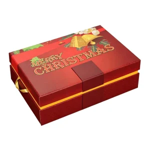 Custom Merry Christmas Cardboard Gift Box Red Magnetic Flip Box with Handle and Yellow Lining for Grocery Holiday Chocolates Gifts