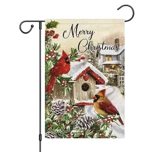 Custom Merry Christmas Garden Flag Double Sided Digital Printed Burlap 12×18 Inch Winter Bird House Snow Design Decoration