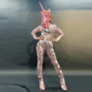 Custom Mirror Face Pony Unicorn Woman Suit Pink Mirror Animal Costume Acrylic Performance Talent DJ Dance Bar Party for Adult