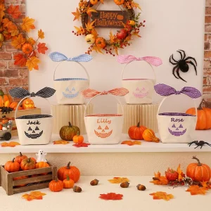 Custom Name Halloween Candy Bucket Kids Pumpkin Face Embroidery Trick or Treat Basket Plaid Halloween Gift Bag