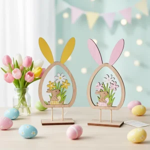 Custom New Easter Bunny Decoration Easter Egg Shape Wood Pink Yellow Diy Tabletop Ornament Spring Gift