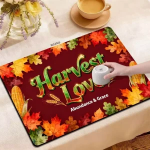Custom Non Slip Absorbent Autumn Harvest Table Mat with “Harvest Love” & Maple Leaf Print for Dining Room Decor