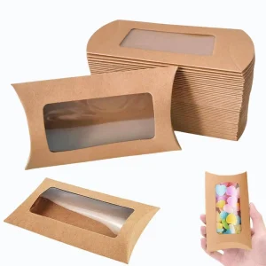Custom Paper Candy Box Foldable Kraft Paper Pillow with Window for Cookies
