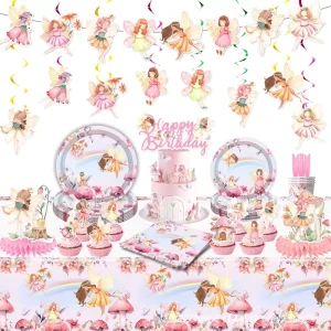Custom Pink Flower Fairy Theme Children’s Birthday Party Disposable Tableware Paper Cup Knife Fork for Birthday Decoration Set