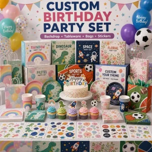 Custom Plastic Event Theme Birthday Party Supplies Set Decorations Tableware Favor Bags Stickers