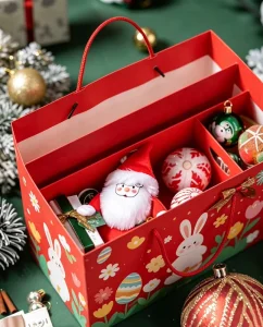Custom Print Partition Christmas Paper Gift Box Red Bunny Floral Pattern Handle Holiday Snack Pastry Gift Packaging