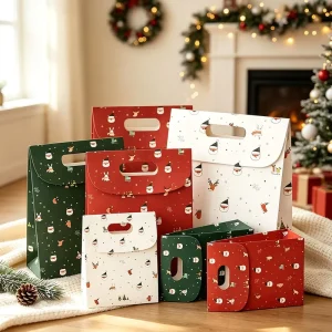 Custom Printed Christmas Gift Bags Foldable Holiday Present Packaging Bags for Xmas Candy Cookie Gift