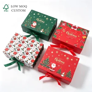 Custom Printed Christmas Gift Box With Ribbon Luxury Rigid Cardboard Packaging Box for Xmas Holiday Present Packaging