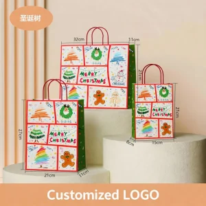 Custom Printed Durable Classic Christmas Gift Kraft Paper Bags Logo Eco Friendly Food Safe Holiday Shopping Packaging