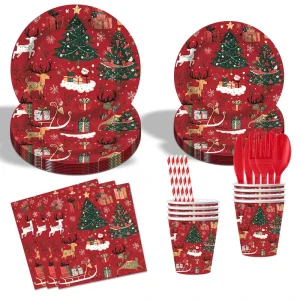 Custom Red Christmas Theme Party Disposable Tableware Set 10 Guests for Christmas Xams Party Decoration Supplies