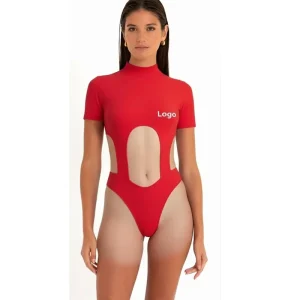 Custom Red Cut Out One Piece Swimsuit Carnival Festival Costume Women Sexy Short Sleeve High Neck Beach Party Logo Printing