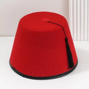 Custom Red Felt Fez Turkish Hat with Black Tassel Moroccan Costume Accessory for Adults for Casual & Outdoor Parties