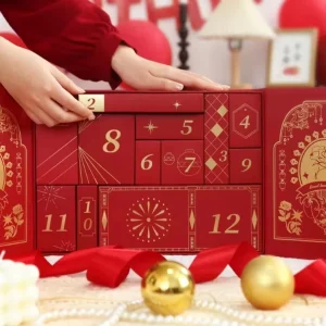 Custom Red Luxury New Year Gift Advent Calendar 12 Days Portable Paper Rigid Cardboard Sponge Lining Elegant Packaging Printing
