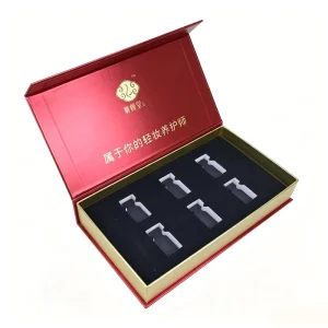 Custom Red Set Magnetic Gift Box with Gold Foil Embossed EVA Velvet Flocking Insert for Skincare Cosmetics