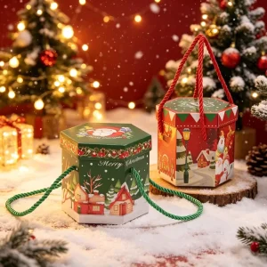 Custom Reusable Portable Christmas Candy Gift Box Rope Handle Hexagon Red Green Santa Print for Xmas Holiday Party Favor