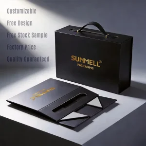 Custom Rigid Collapsible Magnetic Gift Box Large Folding Cardboard Black Gift Box With Handle Magnetic Lid