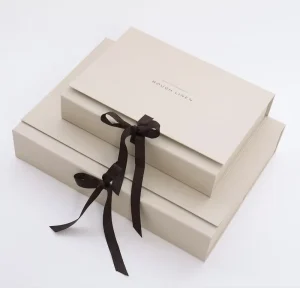 Custom Rigid Gift Box Linen Texture Paper Packaging Box With Ribbon For Jewelry Beauty And Perfume Packaging