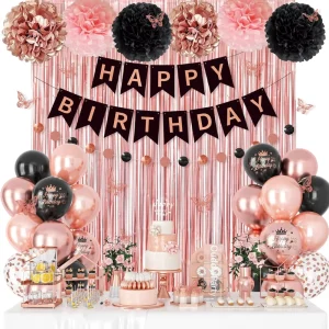 Custom Rose Gold Birthday Balloons Set with Butterfly Stickers Fringe Curtain Happy Birthday Banner Circle Dot Party Supplies