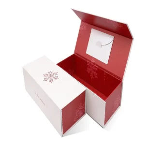 Custom Snowflake Printed Christmas Gift Box Red and White Book Style Hard Cardboard Holiday Gift Packaging Box