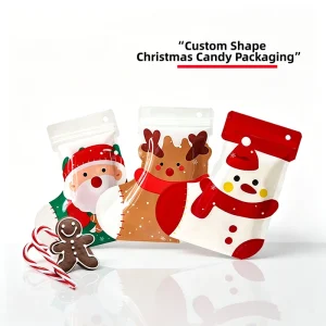 Custom Socks Shape Christmas Plastic Packaging Food Grade Clear Pouch With Santa Snowman Print for Holiday Candy Gift Packaging