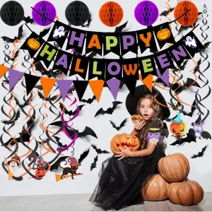 Custom Spiral Paper Banner Halloween Party Decoration in Black Orange Happy Halloween