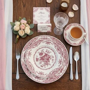 Custom Vintage Red Floral Ceramic Dinnerware Set Various Shapes Porcelain Bone China Plates Bowls Tea Cup Saucer Tableware Set