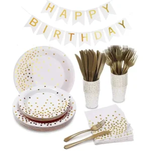 Custom White Golden Dot Dinner Dessert Paper Plate Party Tableware Set Supplies Tissue Cups Napkins Gold Forks Knives Spoons