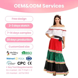 Custom Women Mexican Folk Costume with Cotton and Silk Pom Pom Trim Black Sash for Cultural Parade and Party