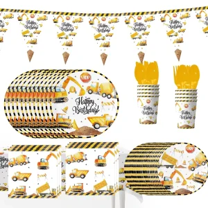 Custom Yellow Construction Vehicle Theme Disposable Dinnerware Kits Paper 7inch Plates Paper Cups Cutlery for Birthday Party