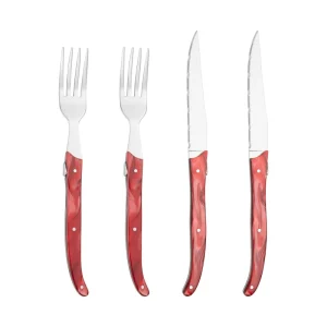 Custom made Patented Mirror polished Red Acrylic Handle Dishwasher Safe Ambidextrous Four piece Steak Knife Fork Spoon Set 420