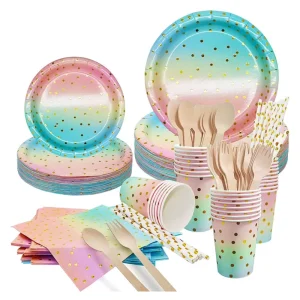 Custom pink and Gold Pastel Party Supplies Complete Set of 24 Disposable Party Utensils Including Paper Party Plates Cups