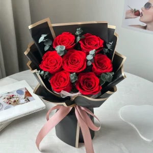 Customizable 7 Red Preserved Rose Bouquet Everlasting Flower Gift for Valentine Wedding Graduation