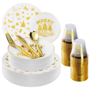 Customizable Cartoon Christmas Tree Pattern Disposable Gold Plastic Dinnerware Set for Christmas Festival Banquet Events