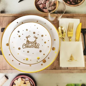 Customizable Cartoon Christmas Tree Pattern Eco Friendly Disposable Gold Plastic Dinnerware 175 Pcs Set for Christmas Festival