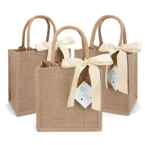 Customizable Eco Friendly Wedding Gift Shopping Burlap Souvenir Bag Natural Jute Tote Bag with Ribbon Decoration