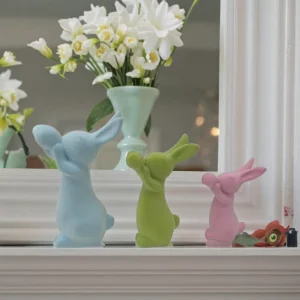 Customizable Flocking Velvet Ceramic Rabbit and Bunny with Eggs Spring and Easter Figurines Decorative Objects