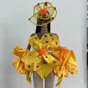 Customizable Flower Themed Dance Costume, Yellow Floral Performance Set for Nightclub & Parties