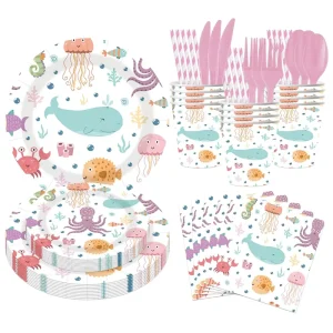 Customizable Ocean Themed Disposable Tableware Paper Plate Cup Napkin Knife Fork Spoon Set for Kids Birthday Graduation Decor