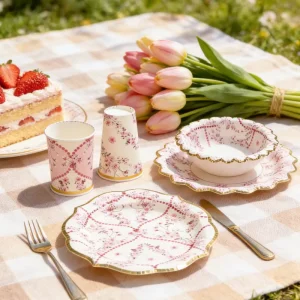 Customizable Pink Floral Eco Friendly Food Grade Disposable Paper Tableware Craft Cups and Plates For Multi Scene Use