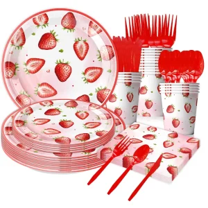 Customizable Pink Strawberry Birthday Party Tableware Set Disposable Paper Plate Cups for Graduation Party Supplies