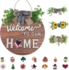 Customizable Seasonal Welcome Sign Wood Wall Hanging for Front Door Farmhouse Porch Year Round Holiday Decor