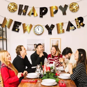 Customizable Silk Screen Printed Gold Stamping Paper Banner 17x17cm Rectangle Shape Happy New Year Letter Design Party